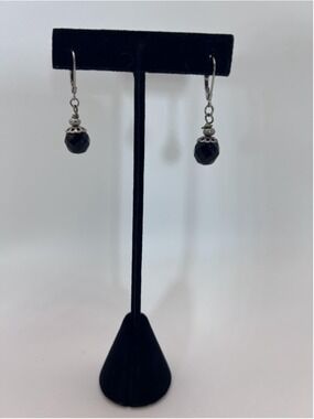 VTG Earrings Silver Tone Black Beaded Round Dangle Leverback Jewelry Fashion